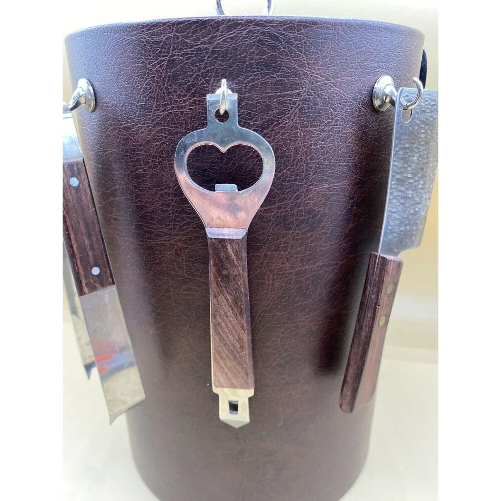 Vintage MCM Ice Bucket Brown Leather Vinyl With Handle And Bar Tools Mid Century